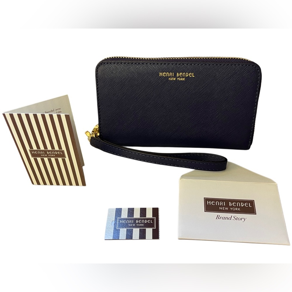 Henri Bendel Black Saffiano Zip Wristlet with Gold Logo